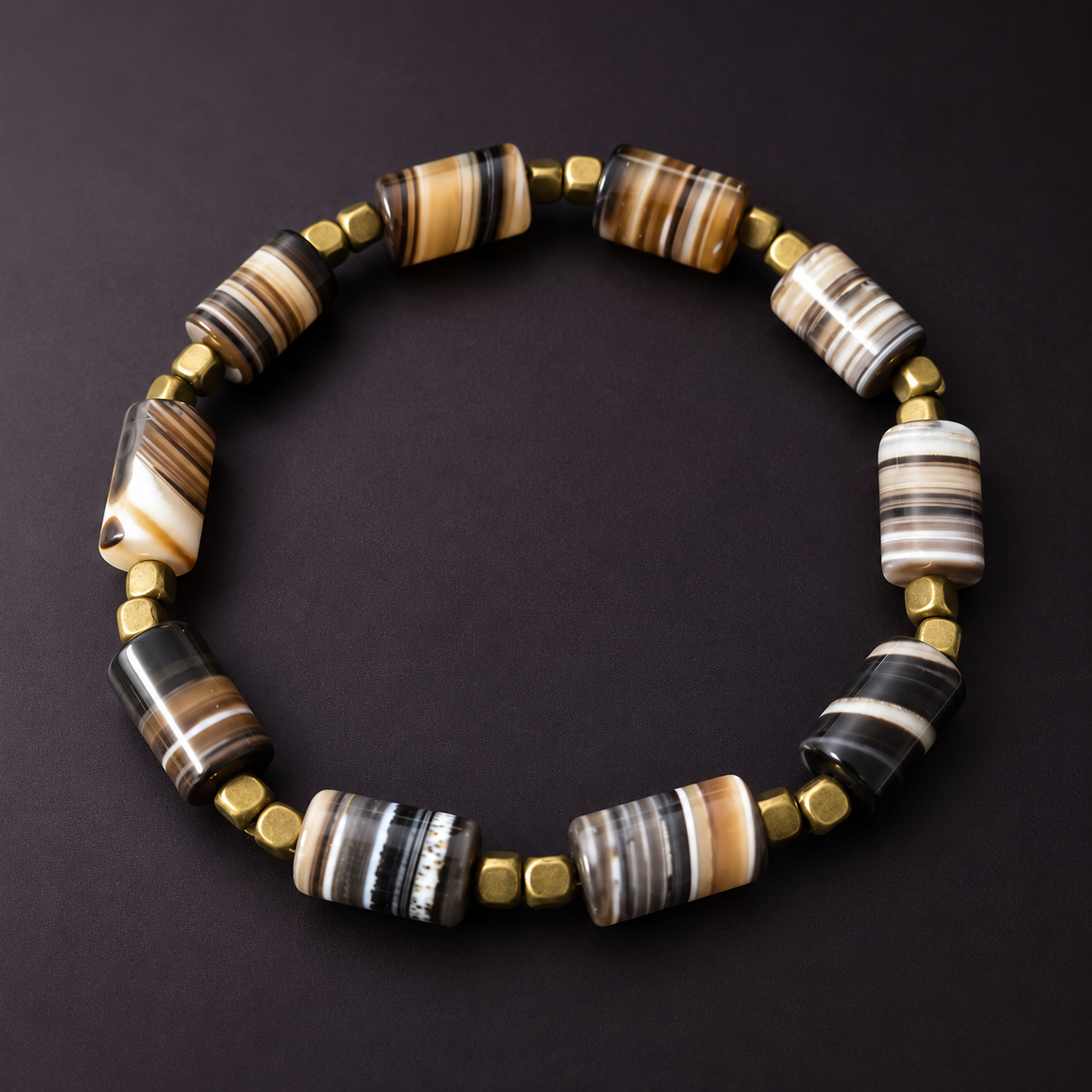 B-961 stretch bracelet made with striped banded agate and gold-tone metal beads