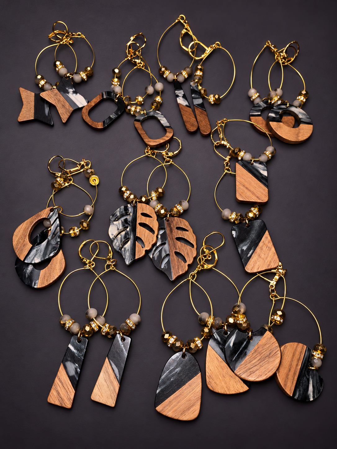 Wooden and black marbled earrings with gold-tone hoops and beads