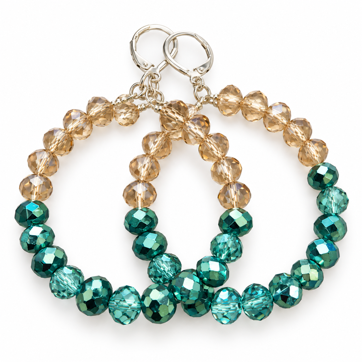 Handmade hoop earrings with faceted teal, aqua, and champagne-colored beads